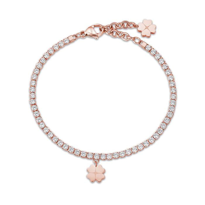 Bracciale In Acciaio Ip Rose Con Quadrifoglio E Cristalli Bianchi