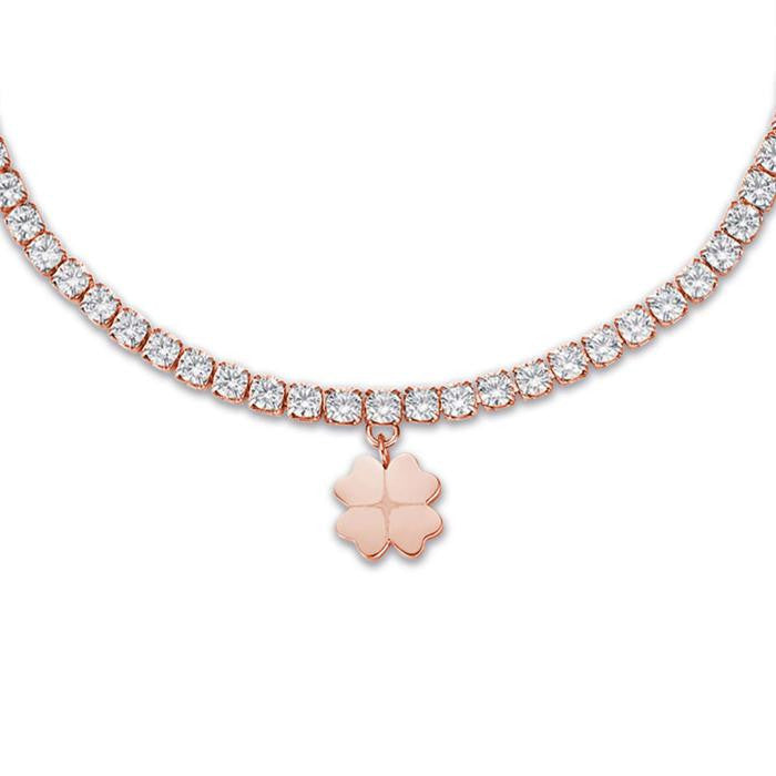 Bracciale In Acciaio Ip Rose Con Quadrifoglio E Cristalli Bianchi