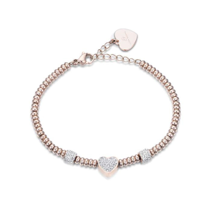 Bracciale In Acciaio Ip Rose Con Cuore Con Cristalli Bianchi