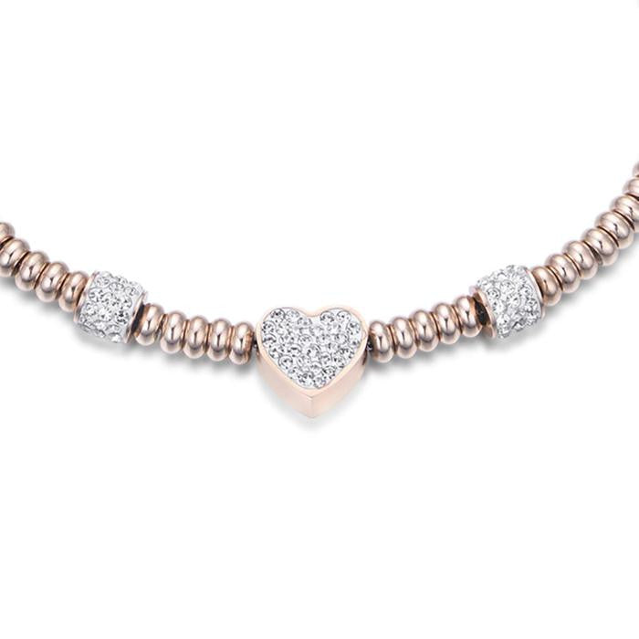 Bracciale In Acciaio Ip Rose Con Cuore Con Cristalli Bianchi