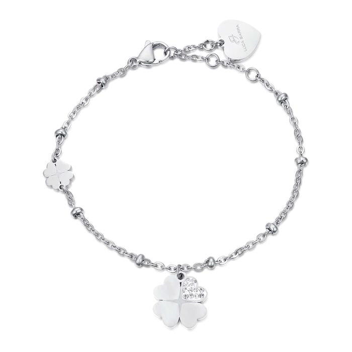 Bracciale In Acciaio Con Quadrifogli Con Cristalli Bianchi