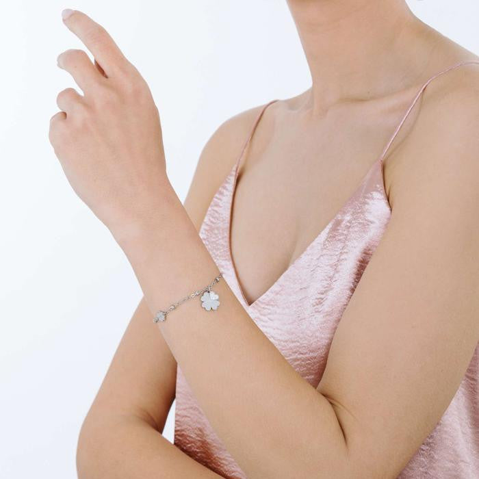 Bracciale In Acciaio Con Quadrifogli Con Cristalli Bianchi