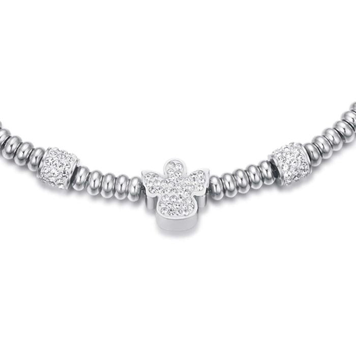 Bracciale In Acciaio Con Angelo Con Cristalli Bianchi
