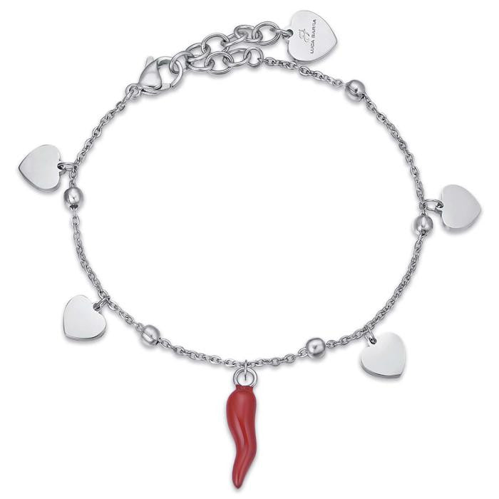 Bracciale In Acciaio Con Cuori E Corno Rosso