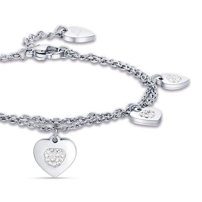 Bracciale In Acciaio Con Cuori E Cristalli Bianchi
