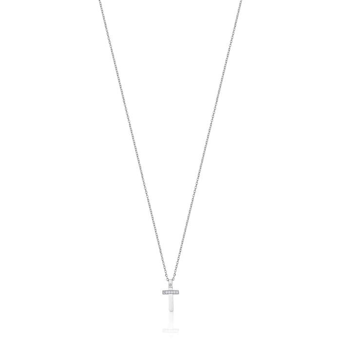 Collana In Acciaio Con Croce Con Cristalli Bianchi