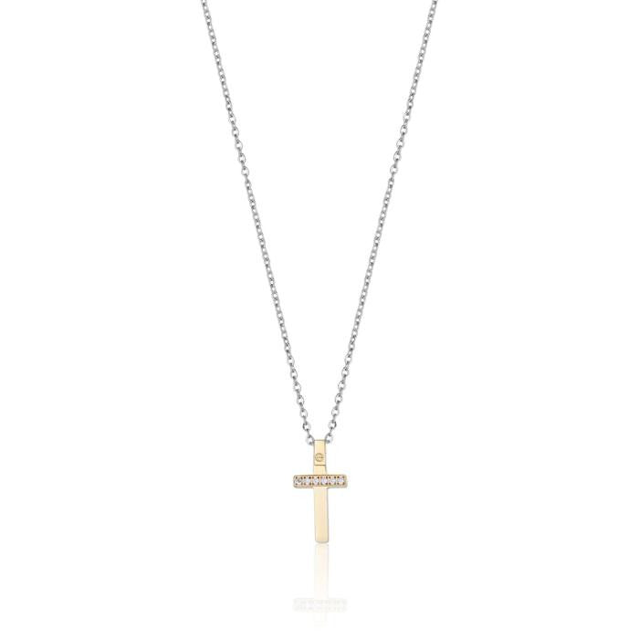 Collana In Acciaio Con Croce Ip Gold Con Cristalli Bianchi