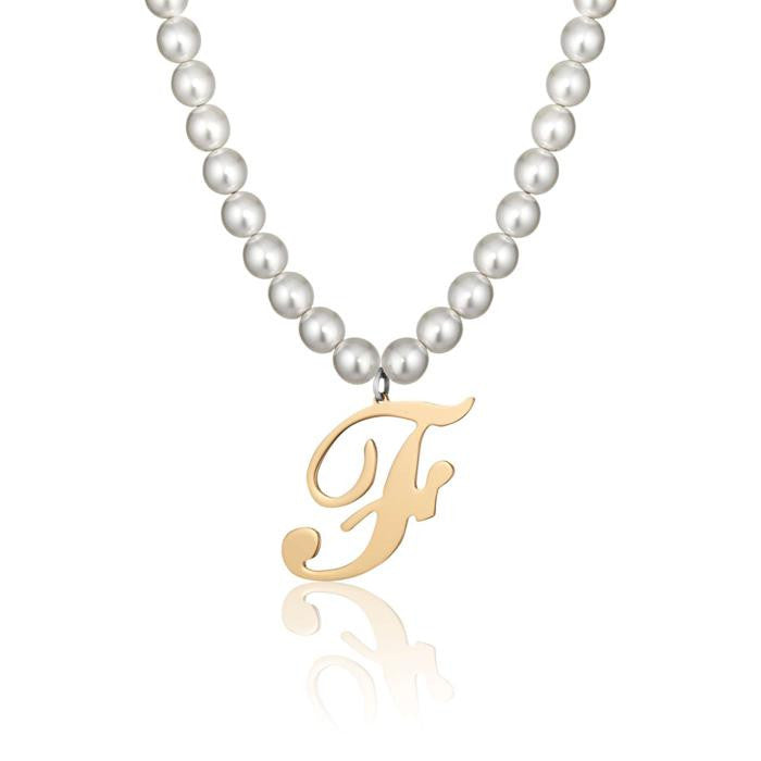 Collana In Acciaio Con Perle Sintetiche E Lettera F