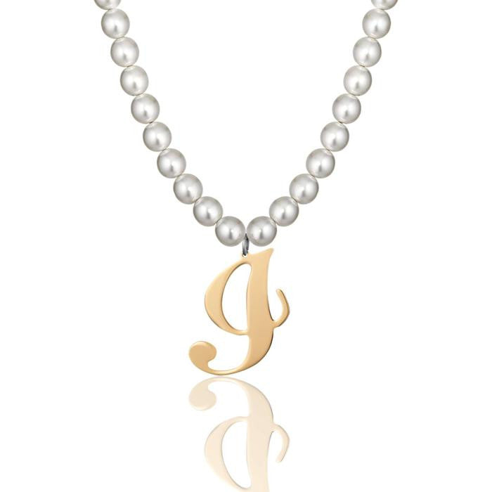 Collana In Acciaio Con Perle Sintetiche E Lettera I