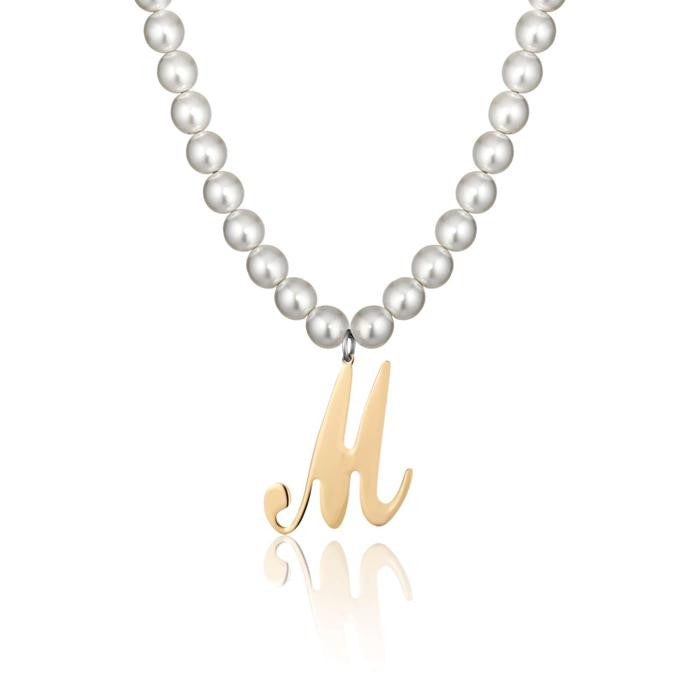 Collana In Acciaio Con Perle Sintetiche E Lettera M