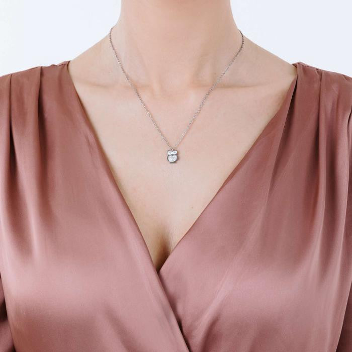 Collana In Acciaio Con Gufo E Cristalli Bianchi