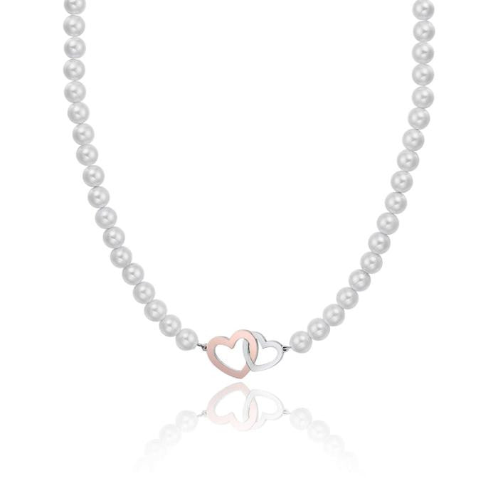 Collana In Acciaio Con Perle Bianche E Cuori In Acciaio E Ip Rose