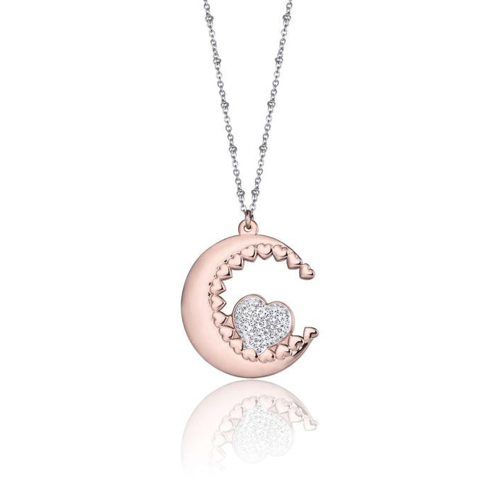 Collana In Acciaio Con Luna Ip Rose E Cuore Con Cristalli Bianchi