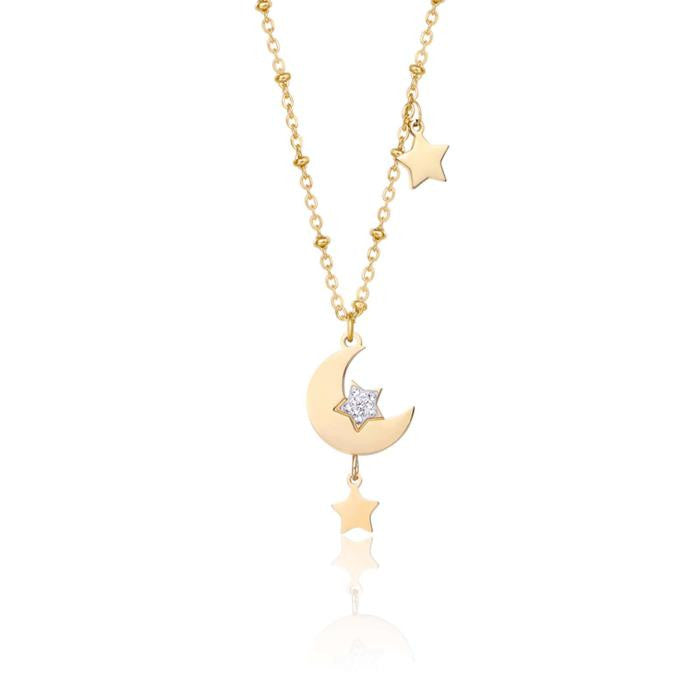 Collana In Acciaio Ip Gold Con Luna E Stelle E Cristallo Bianco