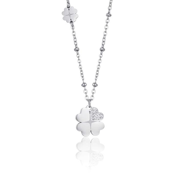 Collana In Acciaio Con Quadrifogli E Cristalli Bianchi