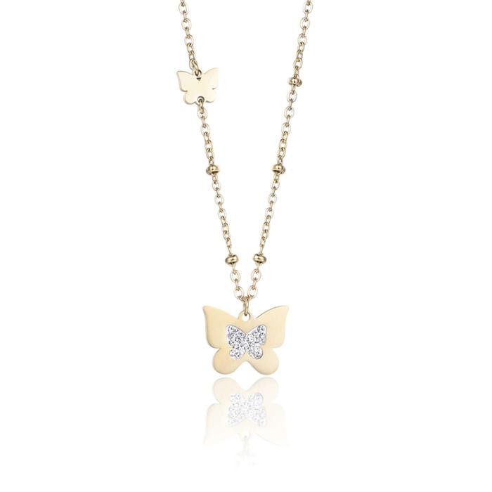 Collana In Acciaio Ip Gold Con Farfalle Con Cristalli Bianchi