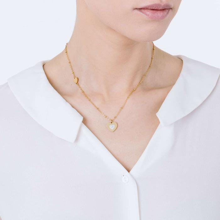 Collana In Acciaio Ip Gold Con Cuori Con Cristalli Bianchi