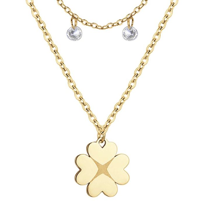 Collana in acciaio ip gold con quadrifoglio e cristalli
