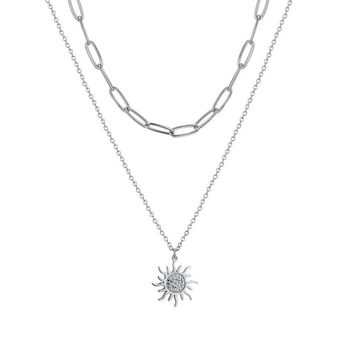 Collana in acciaio con sole con cristalli bianchi