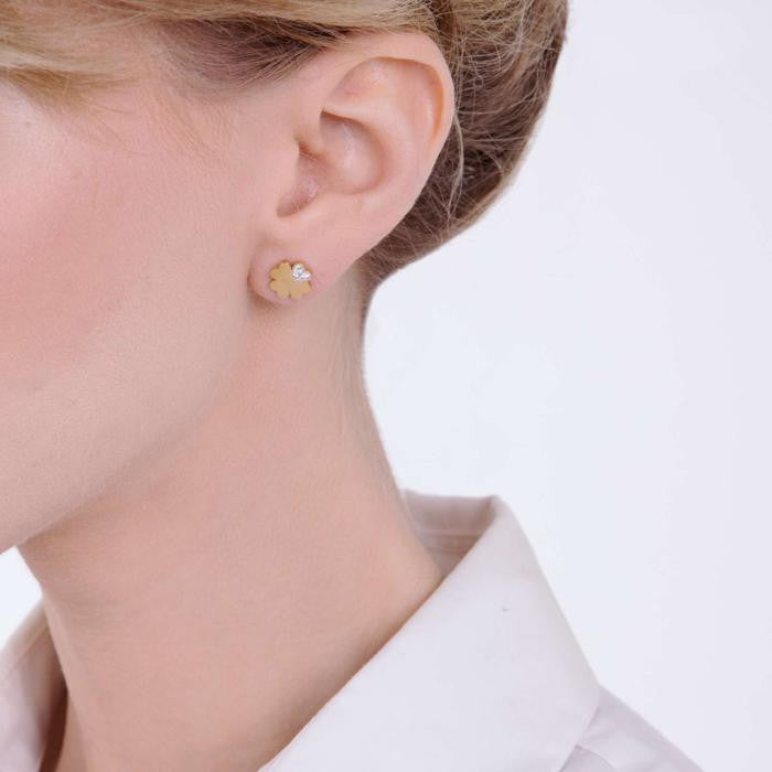 Orecchini In Acciaio Ip Gold Con Quadrifogli Con Cristalli Bianchi