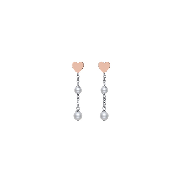 ORECCHINI IN ACCIAIO CON PERLE BIANCHE E CUORI IP ROSE