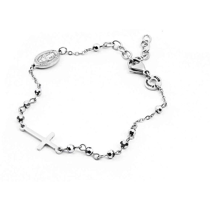 Bracciale acciaio croce e placchetta argento e perla argentata
