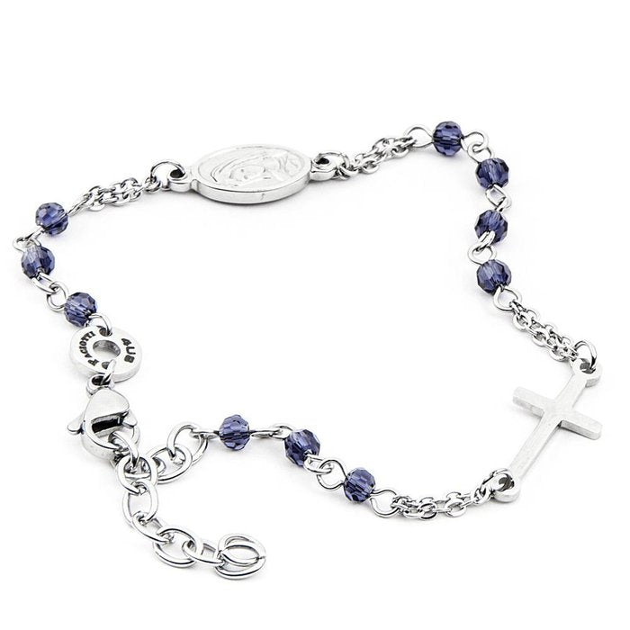 Bracciale acciaio croce e placchetta argento e perla blu