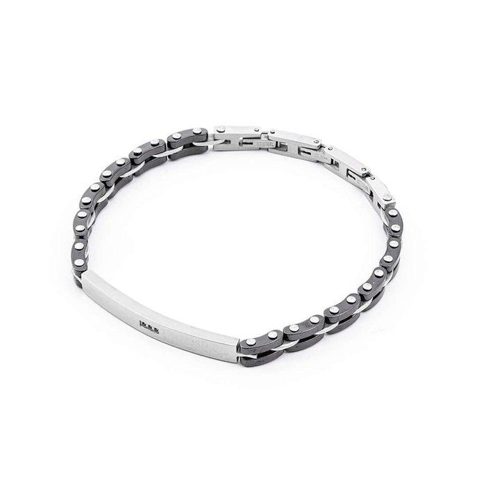 Bracciale acciaio maglia piatta nera con placca con brillanti