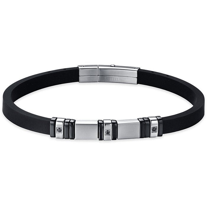 BRACCIALE UOMO IN SILICONE NERO CON ELEMENTI IN ACCIAIO E IP NERO CON CRISTALLI