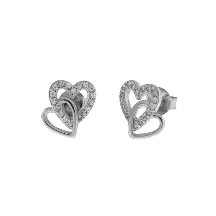 Orecchini in Argento 925 doppio cuore intrecciato, liscio e a zirconi bianchi