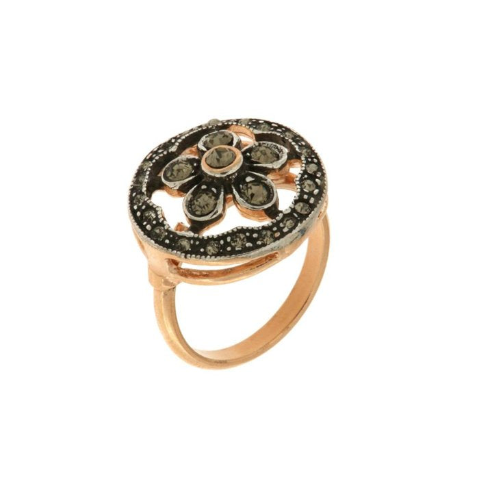 Anello in Argento 925 stile antico con fiore e cristalli fume'