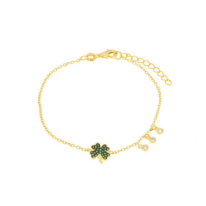 Bracciale in Argento 925 con ciondonolo a forma di quadrifoglio con zirconi verdi e tre punti luce pendenti laterali.