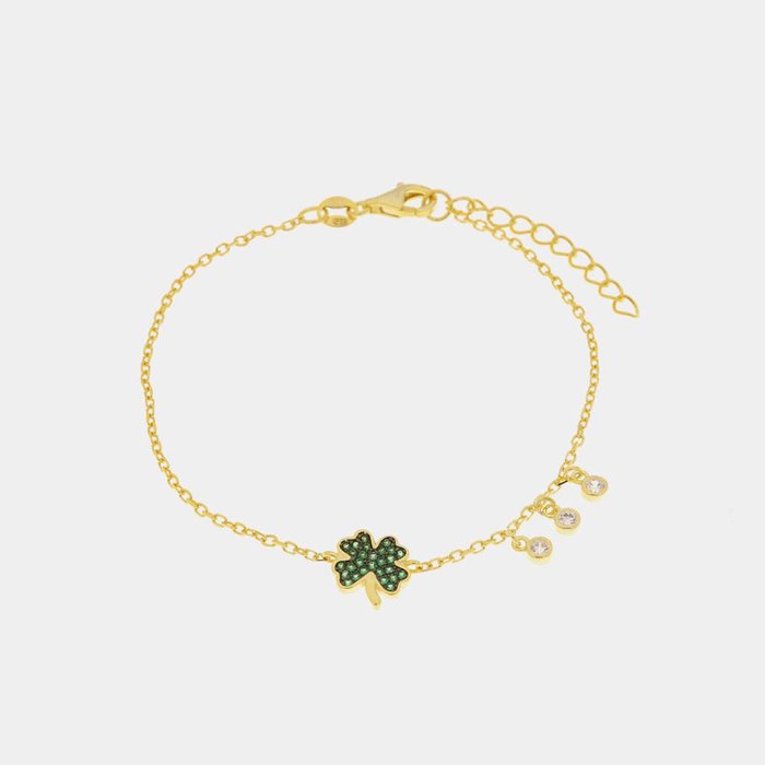 Bracciale in Argento 925 con ciondonolo a forma di quadrifoglio con zirconi verdi e tre punti luce pendenti laterali.