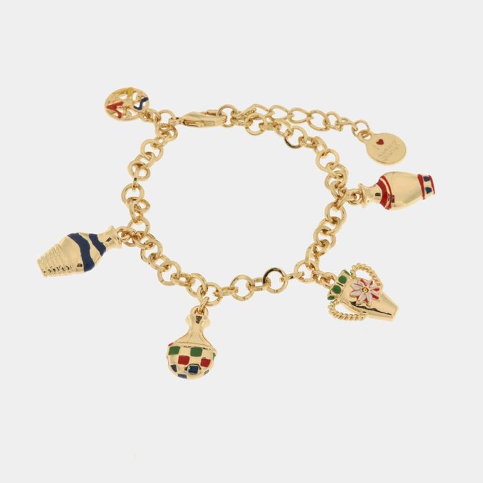 Bracciale in Metallo maglia rolò, multiciondolo, con anfore pendenti, impreziosite da smalti colorati