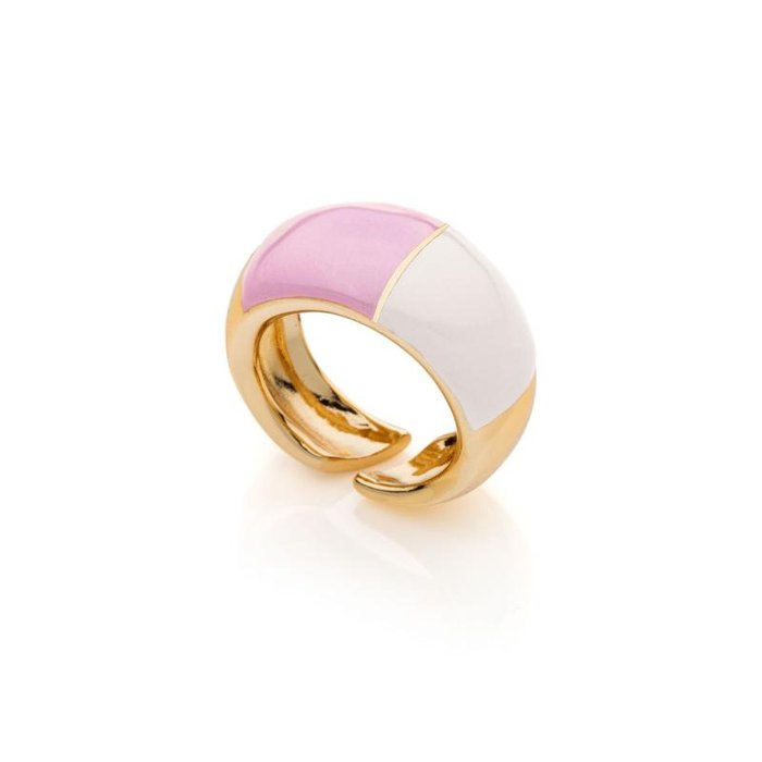 Anello in bronzo dorato con smalto rosa e bianco