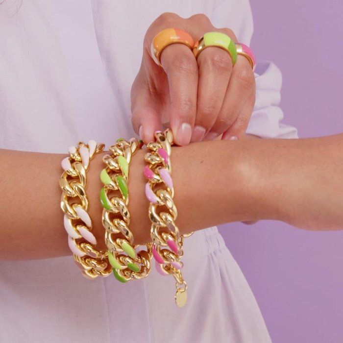 Bracciale groumette con smalto rosa e bianco