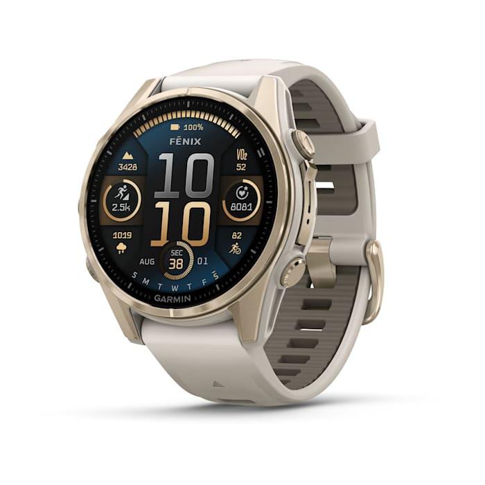 Fēnix® 8 - 43 mm, AMOLED, Sapphire, Soft Gold con cinturino  Fog grey/dark sandstone in silicone