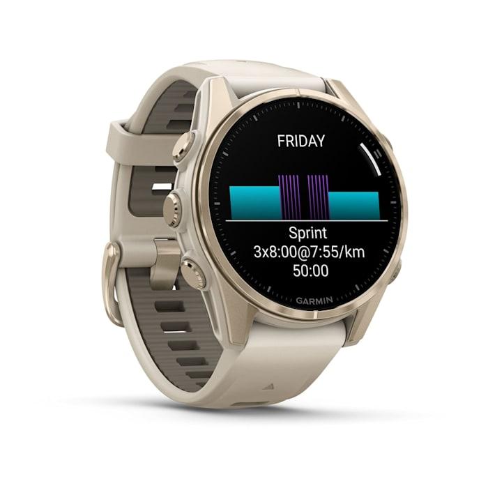 Fēnix® 8 - 43 mm, AMOLED, Sapphire, Soft Gold con cinturino  Fog grey/dark sandstone in silicone
