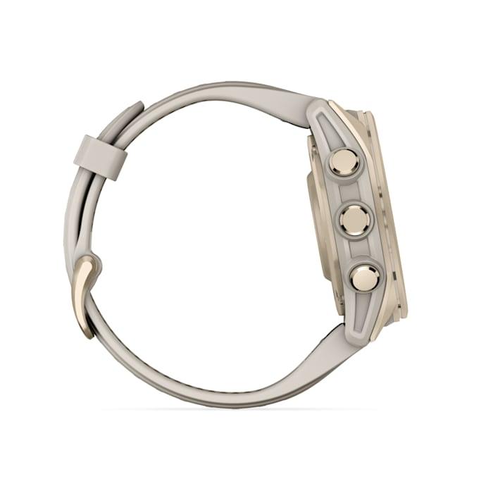 Fēnix® 8 - 43 mm, AMOLED, Sapphire, Soft Gold con cinturino  Fog grey/dark sandstone in silicone