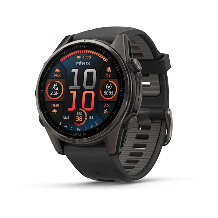 Fēnix® 8 - 43 mm, AMOLED, Sapphire, Titanio, Carbon Gray DLC con cinturino in silicone Black/pebble grey
