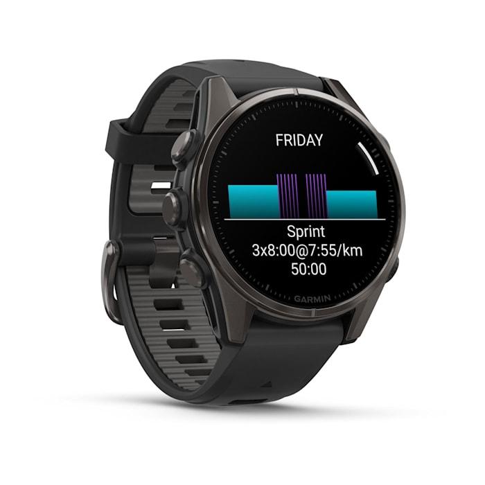 Fēnix® 8 - 43 mm, AMOLED, Sapphire, Titanio, Carbon Gray DLC con cinturino in silicone Black/pebble grey - 010-02903-21
