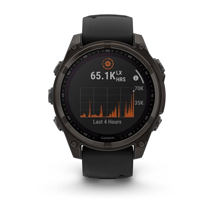 Fēnix® 8 - 47 mm, Solar, Sapphire, Titanio, Carbon Gray DLC con cinturino in silicone Black/pebble grey