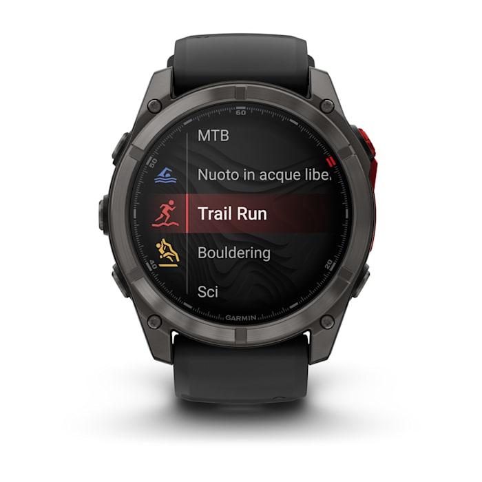 Fenix 8 – 51 mm, MicroLED, Sapphire, Titanio, Carbon Gray DLC con cinturino in silicone Black/pebble grey