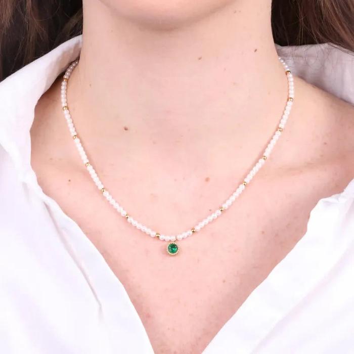 Collana in Acciaio con giro di perle e cristallo verde