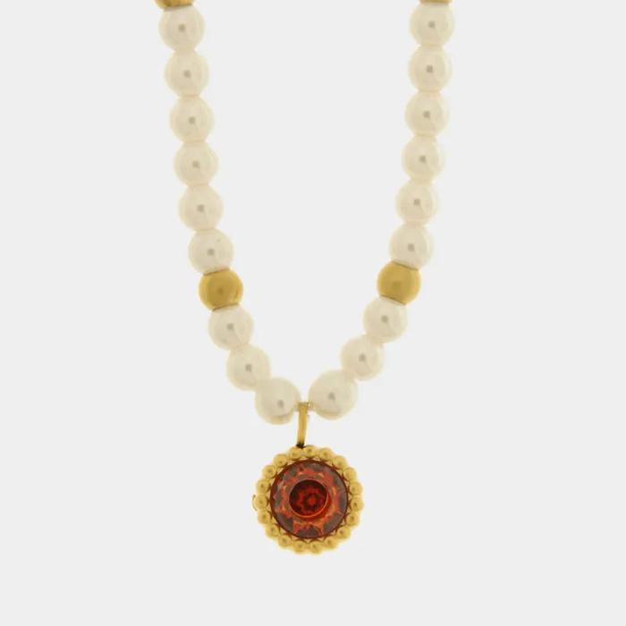 Collana in Acciaio con giro di perle e cristallo rosso