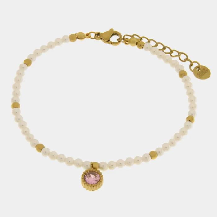 Bracciale in Acciaio con giro di perle e cristallo rosa