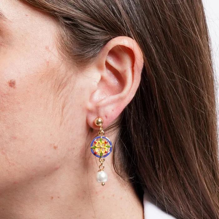 Orecchini in Metallo con maiolica blu e gialla