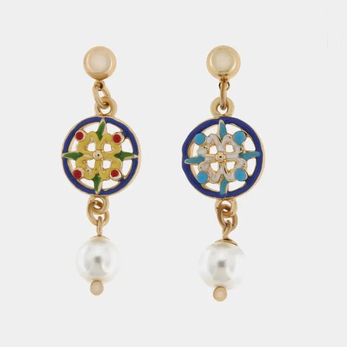 Orecchini in Metallo con maiolica blu e gialla