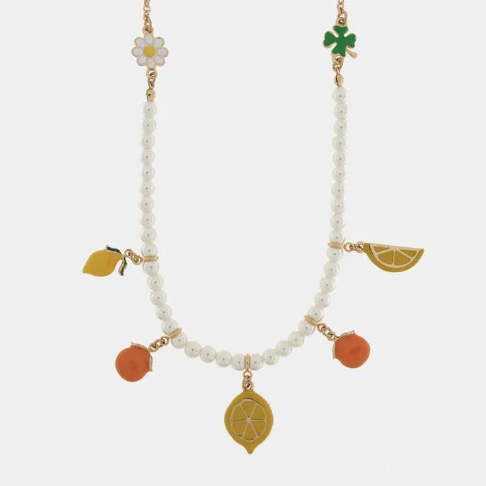 Collana in Metallo con charm a forma di, limoni, arance, margherite e quadrifoglio