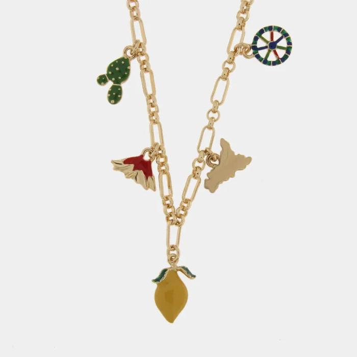Collana in Metallo con limone, etna, fico d'india, sicilia e ruota del carro siciliano